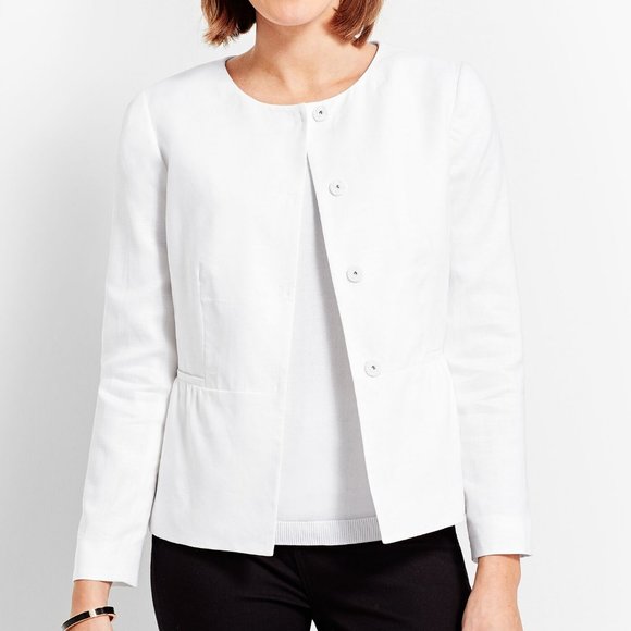 Talbots Jackets & Blazers - EUC Talbots 100% Linen Peplum Blazer Jacket Snap Long Sleeve Pocket White